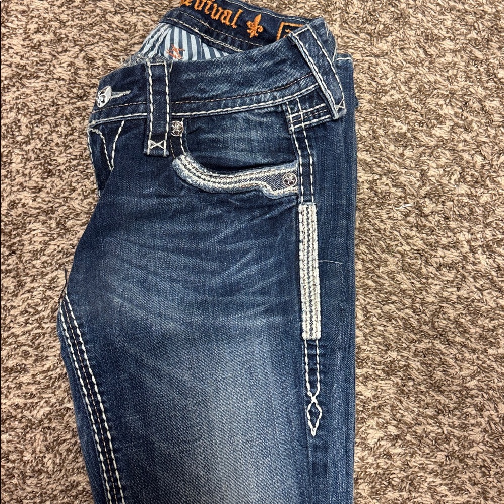 Rock Revival Dark Blue Boot Cut Jeans with White Accents